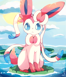 Size: 800x933 | Tagged: safe, artist:purpleninfy, eeveelution, fictional species, mammal, sylveon, feral, cc by-nc-nd, creative commons, nintendo, pokémon, 2018, 2d, ambiguous gender, blue eyes, casual nudity, complete nudity, cute, digital art, ears, fluff, fur, lilypad, long ears, nudity, outdoors, pink body, pink fur, pink tail, pointy ears, ribbons (body part), signature, sitting, solo, solo ambiguous, tail, tail fluff, thighs, water, white body, white fur