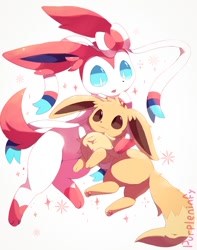 Size: 708x900 | Tagged: safe, artist:purpleninfy, eevee, eeveelution, fictional species, mammal, sylveon, feral, cc by-nc-nd, creative commons, nintendo, pokémon, 2019, 2d, ambiguous gender, ambiguous only, blue eyes, brown body, brown fur, casual nudity, complete nudity, cute, digital art, duo, duo ambiguous, fur, looking at each other, nudity, ribbons (body part), signature, simple background, smiling, tail, white background, white body, white fur