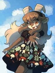 Size: 2594x3443 | Tagged: safe, artist:okaliz, oc, oc:adeline (okaliz), bovid, goat, mammal, anthro, 2024, 2d, bottomwear, clothes, cute, digital art, dress, female, hair, hair band, horizontal pupils, horns, leaf, long hair, looking at you, mushroom, open mouth, open smile, outdoors, pattern clothing, reaching out, signature, sky, smiling, smiling at you, solo, solo female
