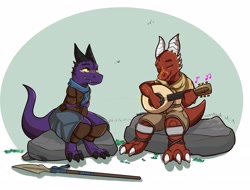 Size: 2681x2039 | Tagged: safe, artist:razigator, fictional species, kobold, reptile, anthro, blushing, eyes closed, female, horns, male, musical instrument, sitting, spear, tail, weapon