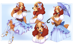 Size: 1442x900 | Tagged: safe, artist:teranen, lady (lady and the tramp), canine, cocker spaniel, dog, mammal, spaniel, anthro, disney, lady and the tramp, 2024, boots, bottomwear, breasts, cleavage, clothes, dress, female, footwear, huge breasts, shoes, solo, solo female, tail, umbrella, wide hips