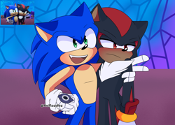 Size: 1960x1403 | Tagged: safe, artist:anidoodlez, shadow the hedgehog (sonic), sonic the hedgehog (sonic), sega, sonic prime, sonic the hedgehog (series), duo, duo male, male, male/male, males only, reference inset, shipping, sonadow (sonic)