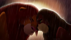 Size: 1195x668 | Tagged: safe, artist:urdar16, kovu (the lion king), simba (the lion king), big cat, feline, lion, mammal, feral, disney, the lion king, 2d, duo, duo male, emotional, eye scar, eyes closed, male, males only, on model, rain, sad, scar, signature, smiling