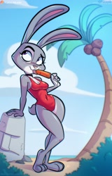 Size: 1313x2048 | Tagged: safe, artist:psicoyote, judy hopps (zootopia), lagomorph, mammal, rabbit, anthro, disney, zootopia, 2024, beach, breasts, choker, cleavage, clothes, female, food, leaning, licking, looking away, moai, one-piece swimsuit, outdoors, palm tree, plant, popsicle, red swimsuit, smiling, solo, solo female, swimsuit, tongue, tongue out, tree