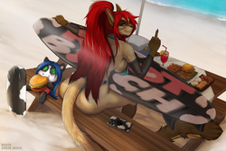 Size: 1280x862 | Tagged: suggestive, artist:dksk30, oc, oc only, animate object, cat, feline, living plushie, mammal, anthro, 2022, beach, bikini, breasts, burger, chair, cheese, clothes, commission, dairy products, detailed background, digital art, ears, eating, eyelashes, female, food, fur, hair, lettuce, looking at you, looking back, looking back at you, meat, plushie, rear view, sideboob, sitting, solo, solo female, surfboard, swimsuit, table, tail, thighs, tomato, vegetables, wide hips