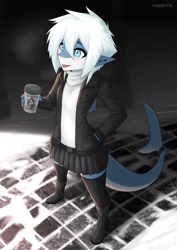 Size: 1614x2283 | Tagged: safe, artist:xaenyth, oc, oc only, fish, shark, anthro, 2024, belly button, boots, bottomwear, clothes, cute, detailed background, digital art, ears, eyelashes, female, fins, fish tail, flat chest, footwear, fur, hair, scales, shark tail, shirt, shoes, skirt, solo, solo female, tail, thighs, topwear, wide hips