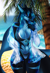 Size: 1600x2303 | Tagged: suggestive, artist:poppypoco, oc, oc only, fish, shark, anthro, 2024, absolute cleavage, beach, bedroom eyes, belly button, bikini, blue body, blue eyes, blue hair, blue tail, breasts, cleavage, clothes, commission, detailed background, digital art, ears, eyelashes, female, fins, fish tail, hair, lipstick, looking at you, makeup, nail polish, palm tree, plant, shark tail, solo, solo female, swimsuit, tail, thighs, tree, wide hips