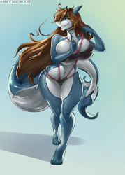Size: 900x1260 | Tagged: suggestive, artist:hotbento, oc, oc only, fish, shark, anthro, digitigrade anthro, 2024, belly button, big breasts, bikini, breast squish, breasts, cleavage, clothes, commission, digital art, ears, eyelashes, female, fins, fish tail, hair, scales, shark tail, simple background, solo, solo female, swimsuit, tail, thighs, wide hips
