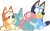 Size: 1127x709 | Tagged: safe, artist:porygon2z, bingo heeler (bluey), bluey heeler (bluey), australian cattle dog, canine, dog, fictional species, mammal, porygon, feral, semi-anthro, bluey (series), nintendo, pokémon, 2023, 2d, ambiguous gender, cute, eyes closed, feather, female, group, on model, siblings, simple background, sister, sisters, smiling, tickling, transparent background, trio, young