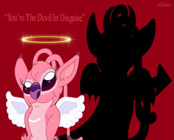 Size: 639x514 | Tagged: safe, artist:queen-quail, angel (lilo & stitch), alien, experiment (lilo & stitch), fictional species, feral, disney, elvis presley, lilo & stitch, angel wings, black eyes, demon wings, devil, devil horns, devil tail, female, fur, halo, pink body, pink fur, purple nose, red background, shadow, simple background, solo, solo female, sparkles, tail, text