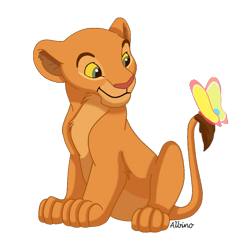 Size: 920x904 | Tagged: safe, artist:queen-quail, nala (the lion king), arthropod, big cat, butterfly, feline, insect, lion, mammal, feral, disney, the lion king, 2d, casual nudity, complete nudity, cub, cute, female, green eyes, lioness, nudity, on model, sitting, solo, young, younger