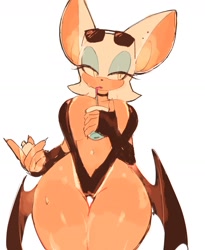 Size: 1374x1673 | Tagged: suggestive, artist:usa37107692, rouge the bat (sonic), bat, mammal, anthro, sega, sonic the hedgehog (series), 2024, absolute cleavage, belly button, big breasts, bikini, breasts, choker, cleavage, clothes, drink, drinking, ear piercing, eyeshadow, female, glasses, glasses on head, gloves, lidded eyes, long gloves, looking to the side, lotion, makeup, piercing, simple background, sling bikini, solo, solo female, sunglasses, sunglasses on head, swimsuit, tan lines