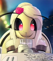Size: 1764x2000 | Tagged: safe, artist:tffeathers, oc, oc:blossom (tffeathers), arthropod, bee, insect, anthro, 2024, antennae, black sclera, colored sclera, cute, date, drink, drinking, drinking straw, eye through hair, female, flower, flower in hair, glass, hair, hair accessory, looking down, offscreen character, plant, pov, sitting, solo, solo female, sugar, water