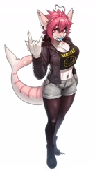 Size: 1459x2668 | Tagged: safe, artist:pgm300, fish, shark, anthro, 2024, big breasts, bottomwear, breasts, clothes, female, fins, fish tail, jacket, piercing, shark tail, shirt, shorts, solo, solo female, tail, tail fin, tongue, tongue out, tongue piercing, topwear