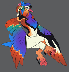 Size: 1881x1959 | Tagged: safe, artist:astrotail, oc, oc only, bird, duck, mandarin duck, waterfowl, anthro, 2024, 2d, beak, bird feet, black feathers, blue feathers, brown feathers, chest fluff, claws, complete nudity, cream feathers, crossed legs, eyelashes, feathers, flower, flower on head, fluff, gray background, male, multicolored eyes, nudity, purple feathers, simple background, sitting, solo, solo male, talons, winged arms, wings