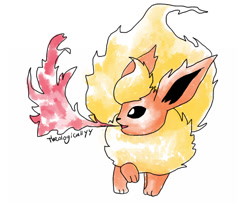 Size: 666x540 | Tagged: safe, artist:artsy-theo, canine, eeveelution, fictional species, flareon, mammal, feral, nintendo, pokémon, 2d, ambiguous gender, fire, fire breathing, on model, signature, simple background, solo, solo ambiguous, white background