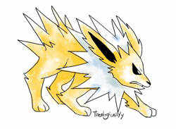 Size: 586x429 | Tagged: safe, artist:artsy-theo, canine, eeveelution, fictional species, jolteon, mammal, feral, nintendo, pokémon, 2d, ambiguous gender, angry, on model, signature, simple background, solo, solo ambiguous, white background