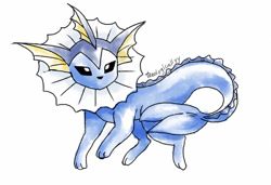 Size: 624x426 | Tagged: safe, artist:artsy-theo, canine, eeveelution, fictional species, mammal, vaporeon, feral, nintendo, pokémon, 2d, ambiguous gender, on model, signature, simple background, solo, solo ambiguous, white background