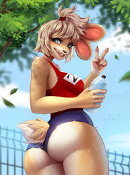 Size: 1620x2195 | Tagged: safe, artist:bugthief, oc, oc only, lagomorph, mammal, rabbit, anthro, 2024, athletic, breasts, butt, clothes, commission, detailed background, digital art, ears, eyelashes, female, fur, hair, leotard, pose, rear view, short tail, solo, solo female, tail, thighs, wide hips