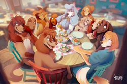 Size: 2048x1348 | Tagged: safe, artist:girlsroka, dixie (the fox and the hound), georgette (oliver & company), lady (lady and the tramp), liberty (paw patrol), peg (lady and the tramp), rita (oliver & company), ruby (lady and the tramp), sasha (all dogs go to heaven), suki lane (sing), sylvie (balto), velva (oliver & company), afghan hound, canine, cocker spaniel, dachshund, dog, irish setter, mammal, poodle, saluki, spaniel, anthro, feral, all dogs go to heaven, balto (series), disney, illumination entertainment, lady and the tramp, oliver & company, paw patrol, sing (film), sullivan bluth studios, the fox and the hound, 2024, 2d, black eyes, black nose, blue hair, bottomwear, bow, brown body, brown eyes, brown fur, brown hair, brown nose, chair, chest fluff, clothes, collar, cookie, cream body, cream fur, cream hair, crossover, dipstick tail, dress, drink, ear fluff, eyelashes, eyeshadow, female, females only, fluff, food, fur, glasses, green eyes, gritted teeth, group, hair, hair bow, leg fluff, looking at you, makeup, multicolored body, multicolored fur, one eye closed, open mouth, open smile, orange body, orange fur, orange hair, paw pads, paws, pekingese, pink paw pads, pink tongue, plate, round glasses, saucer, sitting, smiling, smiling at you, table, tail, tail fluff, tea, tea party, teacup, teeth, tongue, two toned body, two toned fur, wall of tags, white body, white fur, winking