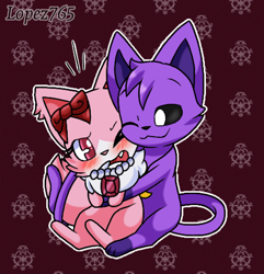 Size: 468x485 | Tagged: safe, artist:lopez765, catnap (smiling critters), garnet (jewelpet), cat, feline, mammal, semi-anthro, jewelpet (sanrio), poppy playtime, sanrio, smiling critters, bow, crossover, duo, female, fur, jewelry, low res, male, pink body, purple body, tail