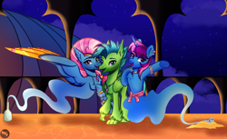 Size: 1800x1100 | Tagged: safe, artist:tresmariasarts, oc, oc only, oc:bottlegriff, oc:parcly taxel, oc:wishgriff, alicorn, bird, equine, fictional species, genie, genie pony, hippogriff, mammal, pony, feral, hasbro, my little pony, ain't never had friends like us, albumin flask, bottle, bracelet, circlet, collar, commission, container, ear piercing, earring, female, floating, group, horn ring, jewelry, looking at you, mare, necklace, night, open mouth, open smile, piercing, ring, sand, smiling, smiling at you, spread wings, starry night, stars, trio, waistband, wings