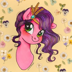 Size: 2560x2560 | Tagged: safe, artist:dariarchangel, pipp petals (mlp), equine, fictional species, mammal, pegasus, pony, feral, hasbro, my little pony, my little pony g5, my little pony: a new generation, my little pony: make your mark, spoiler:my little pony g5, 2024, blushing, bust, female, flower, green eyes, headwear, heart, heart eyes, high res, jewelry, mare, my little pony: tell your tale, plant, portrait, regalia, smiling, solo, solo female, tiara, wavy mane, wingding eyes