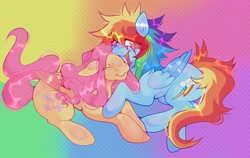 Size: 4096x2591 | Tagged: safe, artist:colorwurm, fluttershy (mlp), rainbow dash (mlp), equine, fictional species, mammal, pegasus, pony, feral, friendship is magic, hasbro, my little pony, 2024, blue coat, colored wings, colored wingtips, cuddling, duo, duo female, eye through hair, eyes closed, feathered wings, feathers, female, female/female, females only, floppy ears, folded wings, freckles, gradient background, hair, high res, hug, leg freckles, long mane, long tail, lying down, mane, mare, messy mane, messy tail, multicolored hair, open mouth, open smile, pink eyes, pink hair, pink mane, pink tail, polka dot background, prone, rainbow background, rainbow hair, rainbow tail, shiny mane, shiny tail, ship:flutterdash, shipping, smiling, tail, two toned wings, wavy mane, wavy tail, wingding eyes, wings, yellow coat