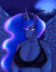 Size: 1703x2164 | Tagged: suggestive, artist:elmilagro, princess luna (mlp), alicorn, equine, fictional species, mammal, pony, anthro, friendship is magic, hasbro, my little pony, 2024, anthrofied, big breasts, blue eyes, bra, breasts, cleavage, clothes, cloud, crown, ears, ethereal mane, eyebrows, eyelashes, eyeshadow, feathered wings, feathers, female, full moon, g4, hair, headwear, hoers, horn, jewelry, lace, lidded eyes, lingerie, looking at you, makeup, mane, mare, midriff, moon, night, night sky, regalia, sky, snout, solo, solo female, spread wings, starry hair, starry mane, stars, tiara, underwear, unicorn horn, wings