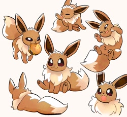 Size: 2048x1892 | Tagged: safe, artist:june_buns, eevee, eeveelution, fictional species, mammal, feral, nintendo, pokémon, 2024, 2d, :3, ambiguous gender, belly fluff, brown body, brown eyes, brown fur, bushy tail, casual nudity, colored pupils, complete nudity, cute, dipstick tail, ears, eyes closed, fluff, fur, grooming, hamburger, happy, head fluff, holding, licking, long ears, lying down, mouth hold, multeity, neck fluff, nudity, on back, one eye closed, open mouth, open smile, paw pads, paws, pointy ears, simple background, sitting, smiling, tail, tail fluff, tongue, tongue out, underpaw, white pupils