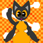 Size: 2048x2048 | Tagged: safe, artist:satuputra, oc, oc only, oc:chari (ur_local_weebuwu), cat, feline, mammal, anthro, adorasexy, black body, black fur, bottomwear, breasts, checkered background, clothes, constellation, cute, cute little fangs, draw this in your style, dress, dtiys, fangs, female, front view, fur, gray inner ear, happy, orange background, orange clothing, orange dress, orange eyes, pink tongue, self upload, sexy, simple background, skirt, sleeveless, solo, solo female, tail, teeth, thick, thick thighs, thighs, tongue, tongue out, wide hips, yellow background