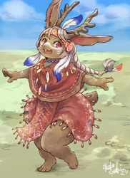 Size: 768x1053 | Tagged: safe, artist:okurisuzume, oc, oc only, fictional species, jackalope, lagomorph, mammal, anthro, 2017, 2d, arm fluff, braid, cheek fluff, clothes, cute, ear fluff, ears, female, fluff, fur, hair, happy, long ears, native american, open mouth, open smile, outdoors, short tail, signature, smiling, solo, solo female, tail, tail fluff
