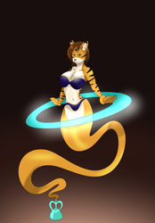 Size: 1111x1600 | Tagged: source needed, safe, artist:sakurahiroshi, oc, oc only, oc:tori taxel, big cat, feline, fictional species, genie, mammal, tiger, anthro, :p, bra, bracelet, breasts, cleavage, clothes, commission, container, female, floating, heart, jewelry, looking at you, magic, panties, ring, simple background, solo, tongue, tongue out, underwear, vase
