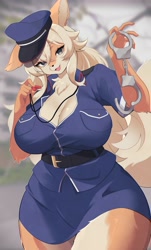 Size: 2411x4000 | Tagged: suggestive, artist:maru mao2, oc, oc only, canine, fox, mammal, anthro, 2024, 2d, black nose, blurred background, breasts, cleavage, clothes, detailed background, digital art, ears, female, fur, gray eyes, hair, handcuffs, hat, headwear, huge breasts, looking at you, multicolored body, multicolored fur, open mouth, orange body, orange fur, police, police uniform, smiling, smiling at you, solo, solo female, tail, tongue, two toned body, two toned fur, whistle, yellow body, yellow fur, yellow hair