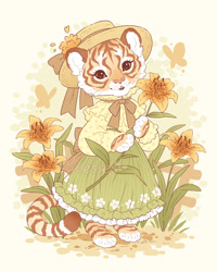 Size: 720x900 | Tagged: safe, artist:celesse, big cat, feline, mammal, tiger, anthro, digitigrade anthro, 2024, 2d, 4 toes, barefoot, bottomwear, cheek fluff, clothes, cottagecore, cute, dress, ear fluff, female, fence, flower, fluff, fur, green eyes, hat, headwear, holding, holding flower, holding object, outdoors, paws, pink nose, plant, signature, smiling, solo, solo female, standing, striped body, striped fur, sun hat, tail, tail fluff, tigress, watermark, whiskers