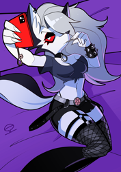 Size: 1488x2105 | Tagged: safe, artist:alvh-omega, artist:alvh_omega, loona (vivzmind), canine, fictional species, hellhound, mammal, anthro, hazbin hotel, helluva boss, 2022, bed, belt, bottomwear, breasts, cell phone, clothes, collar, colored sclera, crop top, digital art, ear piercing, ears, eyelashes, female, fingerless gloves, fishnet, fishnet stockings, fur, gloves, gray body, gray fur, gray hair, hair, indoors, legwear, lying down, lying on bed, on bed, pentagram, phone, piercing, pose, red sclera, see-through, shorts, signature, smartphone, solo, solo female, spiked collar, stockings, tail, tank top, thighs, topwear, wide hips