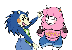 Size: 3010x2090 | Tagged: safe, artist:mick, mabel (animal crossing), reese (animal crossing), alpaca, hedgehog, mammal, anthro, animal crossing, nintendo, 2023, apron, blush sticker, bottomwear, camelid, clothes, duo, duo female, female, females only, looking at you, one eye closed, open mouth, open smile, pants, shirt, shorts, simple background, smiling, text, text on clothing, text on shirt, topwear, white background, winking