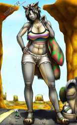 Size: 1240x2000 | Tagged: safe, artist:alfabetalust, oc, oc only, canine, dog, mammal, anthro, digitigrade anthro, 2024, abs, belly button, bottomwear, breasts, cleavage, clothes, crop top, detailed background, digital art, ears, eyelashes, female, fur, hair, muscles, sandals, shoes, shorts, solo, solo female, tail, thighs, topwear, wide hips