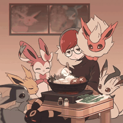 Size: 600x600 | Tagged: safe, artist:mikripkm, eeveelution, espeon, fictional species, flareon, glaceon, human, jolteon, leafeon, mammal, sylveon, umbreon, vaporeon, feral, nintendo, pokémon, 2024, 2d, 2d animation, ambiguous gender, animated, behaving like a cat, black body, black fur, blinking, casual nudity, clapping, closed mouth, clothes, complete nudity, cute, detailed background, digital art, ear fluff, ears, eyelashes, eyes closed, female, fins, fluff, food, fur, gif, glasses, group, hair, happy, head fluff, hotpot, indoors, lettuce, lidded eyes, light blue body, light skin, loafing, long ears, lying down, multicolored body, multicolored face, multicolored fur, mushroom, neck fluff, nudity, on model, open mouth, open smile, orange body, orange fur, paws, penny (pokemon), pink body, pink fur, pointy ears, pokémon trainer, prone, ribbons (body part), round glasses, sitting, skin, sleeping, smiling, table, tail, tail fluff, thighs, tofu, tongue, vegetables, white body, white fur, window, worried, yellow body, yellow fur