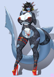 Size: 1058x1500 | Tagged: suggestive, artist:fuwa_ume, oc, oc only, fish, shark, anthro, 2024, belly button, big breasts, breasts, clothes, digital art, ears, eyelashes, female, fins, fish tail, fishnet, fishnet clothing, fishnet stockings, hair, high heels, legwear, panties, pasties, scales, see-through, shark tail, shoes, simple background, solo, solo female, stockings, tail, thighs, underwear, wide hips