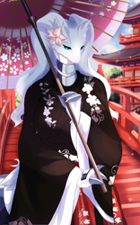 Size: 1518x2428 | Tagged: safe, artist:kyuukon, fictional species, legendary pokémon, reshiram, anthro, nintendo, pokémon, 2024, black clothing, black sclera, blue eyes, breasts, bridge, cheek fluff, choker, claws, clothes, colored sclera, eyelashes, female, flower, flower in hair, fluff, fur, hair, hair accessory, huge breasts, kimono (clothing), lidded eyes, looking at you, outdoors, plant, solo, solo female, tail, tail fluff, umbrella, white body, white fur, year of the dragon