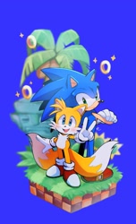 Size: 1242x2048 | Tagged: safe, artist:aogirinaru, miles "tails" prower (sonic), sonic the hedgehog (sonic), canine, fox, hedgehog, mammal, red fox, anthro, sega, sonic the hedgehog (series), 2024, 2d, blue background, clothes, crossed arms, cute, duo, duo male, footwear, full body, gesture, gloves, high res, male, males only, multiple tails, palm tree, peace sign, plant, quills, ring (sonic), shoes, simple background, smiling, tail, tree, two tails