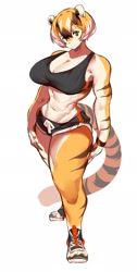 Size: 1034x2048 | Tagged: safe, artist:mx99926, oc, oc:mei xiang, big cat, feline, mammal, tiger, anthro, 2024, big breasts, bobcut, bottomwear, breasts, cleavage, clothes, female, footwear, looking at you, midriff, shoes, short shorts, shorts, simple background, solo, solo female, sports bra, sports shorts, tigress, topwear, wristband