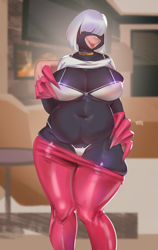 Size: 1528x2411 | Tagged: suggestive, artist:threereddots, oc, oc only, oc:donna digarelli, mammal, mole, anthro, 2024, absolute cleavage, belly button, big belly, big breasts, blep, bra, breasts, chubby anthro, chubby female, cleavage, clothes, female, hair, hair over eyes, looking at you, panties, pants, pants pulled down, shirt, shirt lift, slightly chubby, smiling, smiling at you, solo, thick thighs, thighs, thong, tongue, tongue out, topwear, underwear, white hair, wide hips