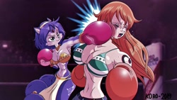 Size: 1300x731 | Tagged: suggestive, artist:koro, krystal (star fox), nami (one piece), alien, canine, fictional species, fox, human, mammal, mink tribe, anthro, nintendo, one piece, star fox, abs, big breasts, bikini, bikini top, boxing, boxing gloves, breasts, bruised, clothes, duo, female, fighting, gloves, knockout, muscles, punching, sexy, swimsuit