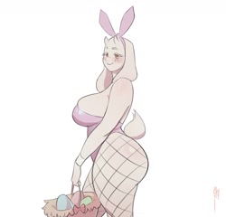 Size: 2025x1940 | Tagged: suggestive, artist:oanju, toriel (undertale), bovid, goat, mammal, anthro, undertale, 2024, basket, big breasts, big butt, blushing, breast squish, breasts, bunny ears, bunny suit, butt, clothes, container, cuffs (clothes), easter egg, fake ears, female, fishnet, fishnet stockings, horns, legwear, looking at you, see-through, side view, sideboob, simple background, smiling, smiling at you, solo, solo female, stockings