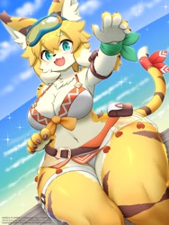 Size: 1500x2000 | Tagged: safe, artist:faruchan_art, mia (world flipper), big cat, feline, mammal, tiger, anthro, world flipper, 2024, beach, bikini, breasts, cleavage, clothes, female, goggles, goggles on head, looking at you, midriff, outdoors, ribbon, sitting, smiling, smiling at you, solo, solo female, swimsuit, thick thighs, thighs, tigress, waving