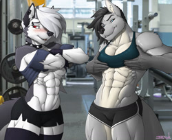 Size: 1432x1171 | Tagged: suggestive, artist:saruuk, loona (vivzmind), oc, canine, fictional species, hellhound, mammal, wolf, anthro, hazbin hotel, helluva boss, 2024, abs, belly button, biceps, bottomwear, breasts, clothes, collar, colored sclera, detailed background, digital art, duo, duo female, ears, eyelashes, female, females only, fur, gym, hair, legwear, muscles, muscular female, pecs, red sclera, shorts, spiked collar, sports bra, sports shorts, stockings, tail, thighs, topwear, wide hips