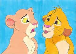 Size: 1000x702 | Tagged: safe, artist:silverben, nala (the lion king), simba (the lion king), big cat, feline, lion, mammal, feral, disney, the lion king, 2d, cub, duo, duo male and female, female, lioness, looking at each other, male, on model, open mouth, traditional art, young