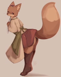 Size: 1630x2048 | Tagged: safe, artist:tohupony, oc, oc only, oc:kitsuki (tohupony), canine, fox, mammal, red fox, anthro, 2024, 2d, barefoot, big butt, bottomwear, butt, claws, clothes, dress, feet, female, looking back, signature, simple background, solo, solo female, tan background, thick thighs, thighs, tippy-toes, toe claws, toes, vixen, wide hips
